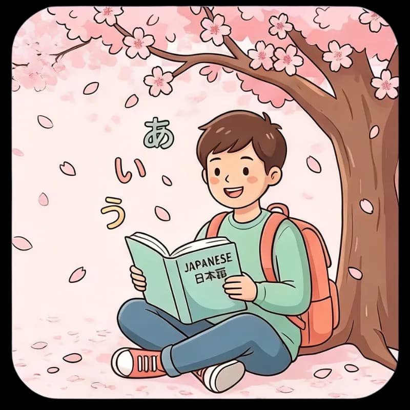 Student learning Japanese under cherry blossoms